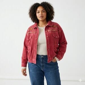 Vintage Rich Girl Yin Fai Embroidered Mauve Lined Corduroy Jacket Plus Size Boho